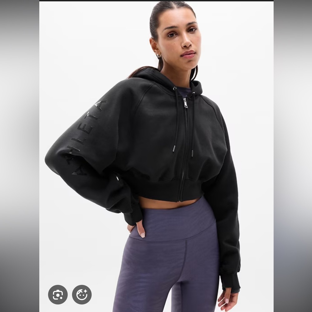 NWT Athleta Black Cropped Zip Hoodie with Logo Sleeve size M
